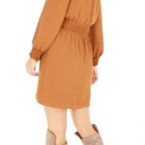 Becca Tilley x Bar III Womens A Line Dress Brown Smocked V Neck Long Sleeve NWT